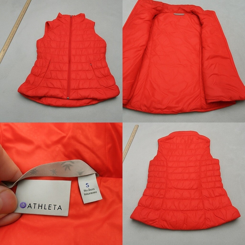 Athleta Goose Down Vest Women Small Orange Downalicious Full Zip Quilted Puffer